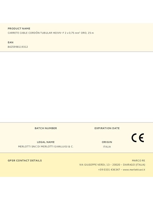 Carrete cable cordón tubular h03vv-f 2 x 0,75 mm oro, 25 m