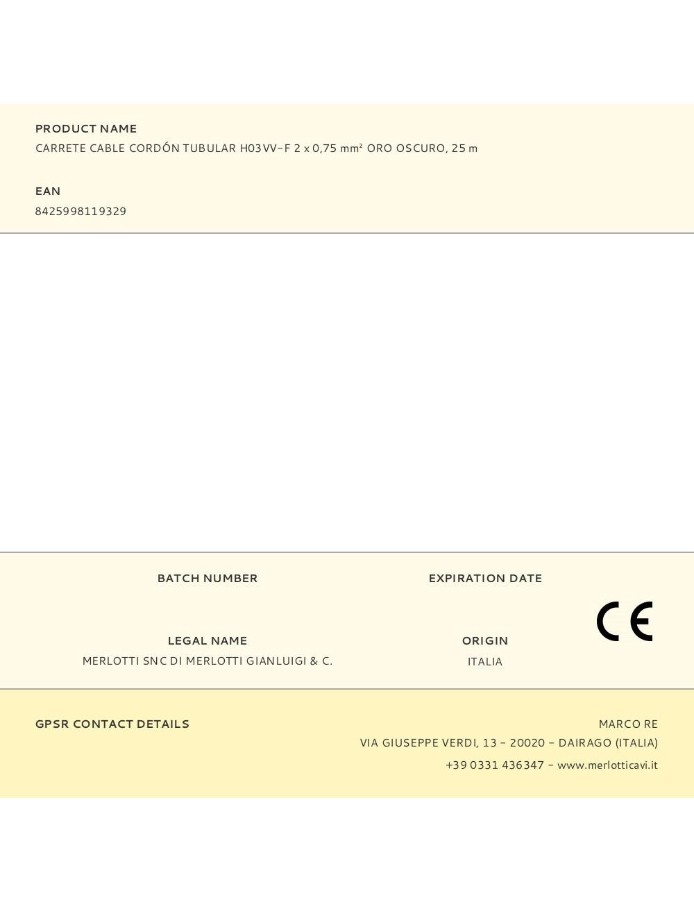 Carrete cable cordón tubular h03vv-f 2 x 0,75 mm oro oscuro, 25 m