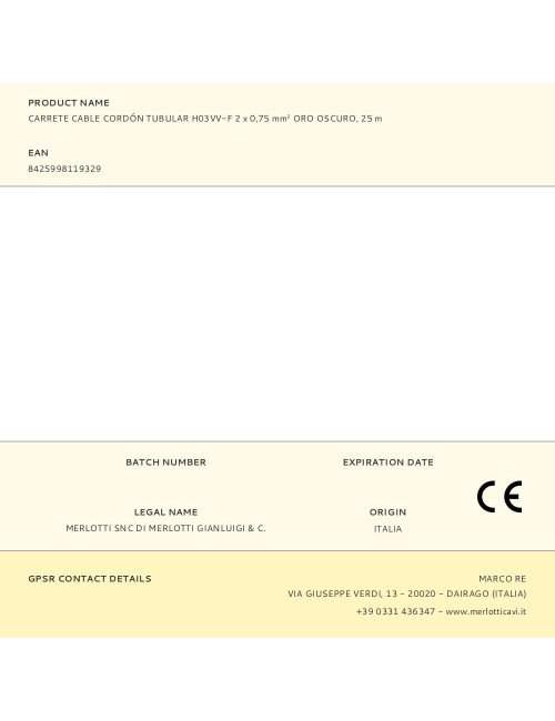 Carrete cable cordón tubular h03vv-f 2 x 0,75 mm oro oscuro, 25 m