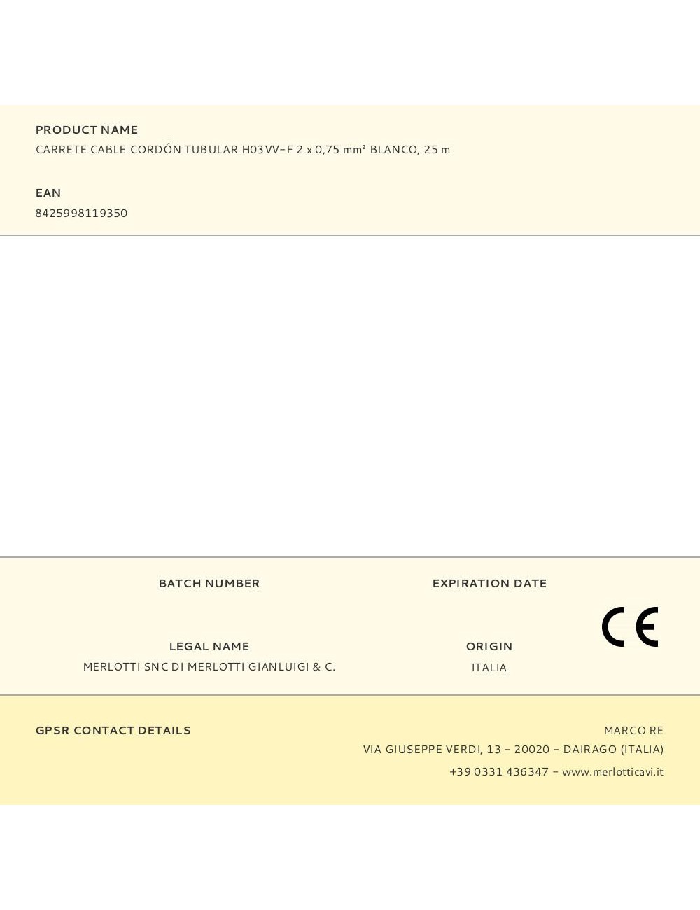 Carrete cable cordón tubular h03vv-f 2 x 0,75 mm blanco, 25 m