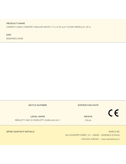 Carrete cable cordón tubular h03vv-f 2 x 0,75 mm fluor amarillo, 25 m