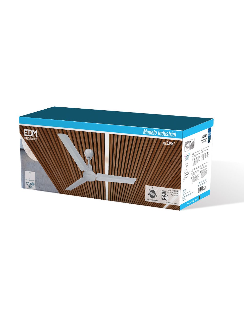 Ventilador de techo modelo industrial. color blanco. potencia: 60w aspas: ø140cm con controlador de pared edm