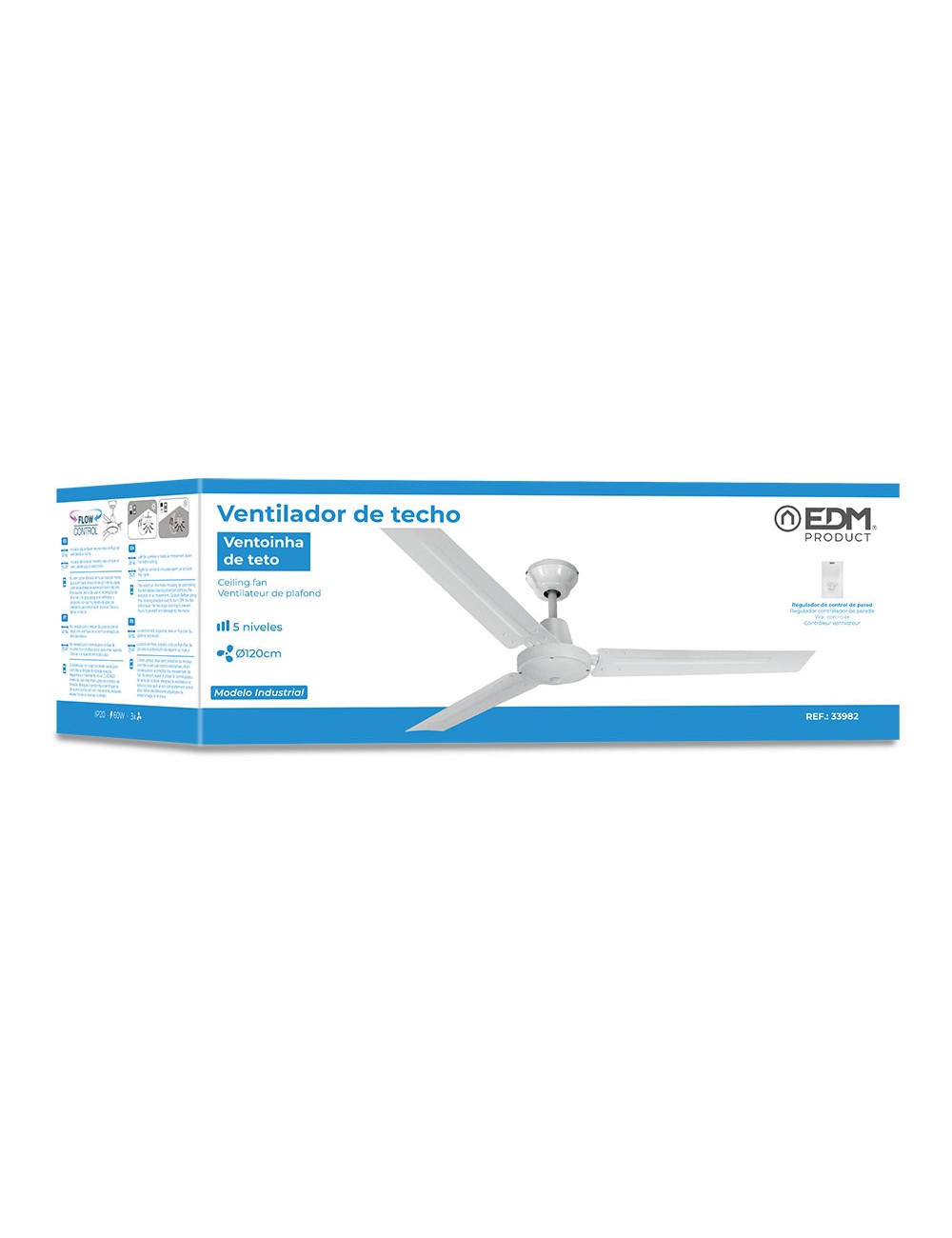 Ventilador de techo modelo mini industrial. color blanco potencia: 60w aspas: ø120cm con controlador de pared edm