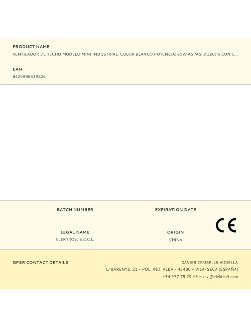 Ventilador de techo modelo mini industrial. color blanco potencia: 60w aspas: ø120cm con controlador de pared edm