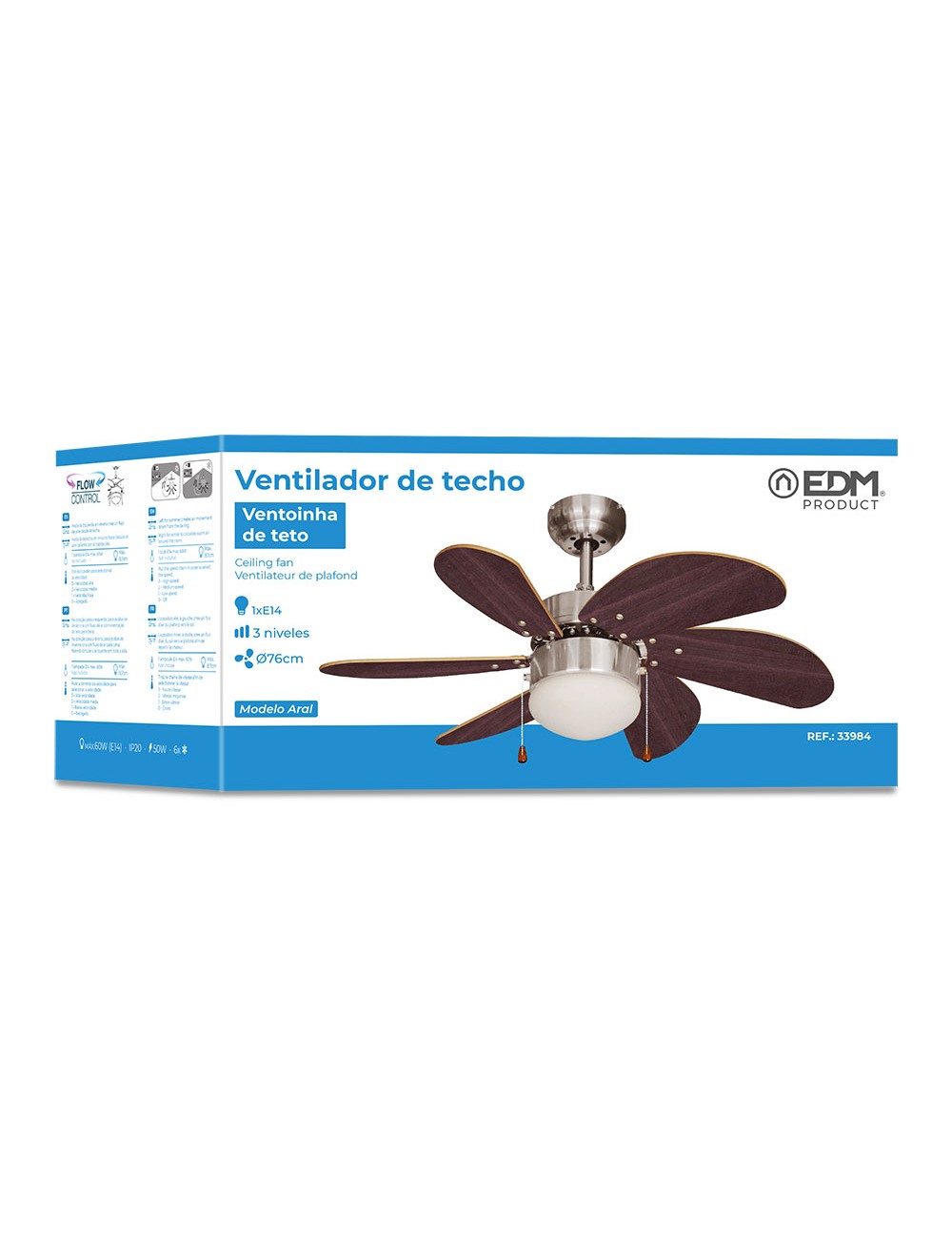 Ventilador de techo modelo aral. color wengue/niquel satinado. potencia: 50w aspas: ø76cm edm