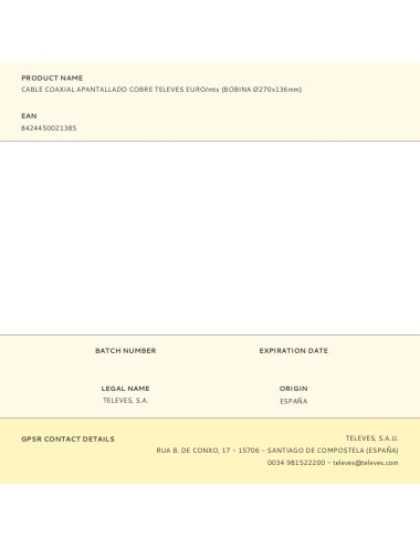 Cable coaxial apantallado rg6 cobre, euro/m (bobina ø270x136mm)