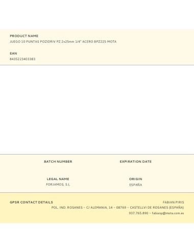 Juego 10 puntas pozidriv pz 2x25mm 1/4" acero bpz225 mota