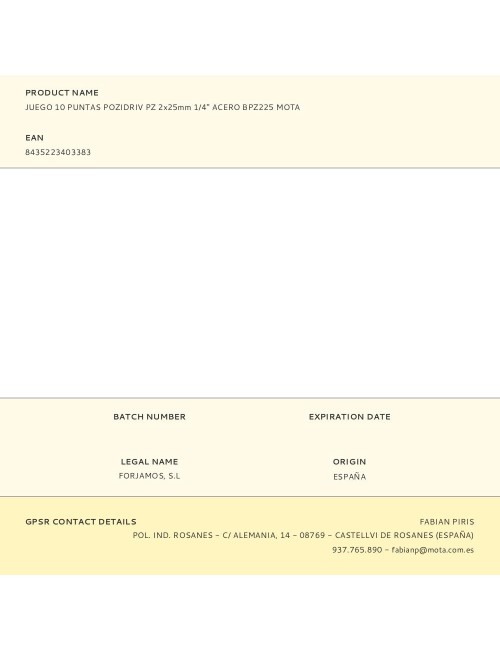 Juego 10 puntas pozidriv pz 2x25mm 1/4" acero bpz225 mota