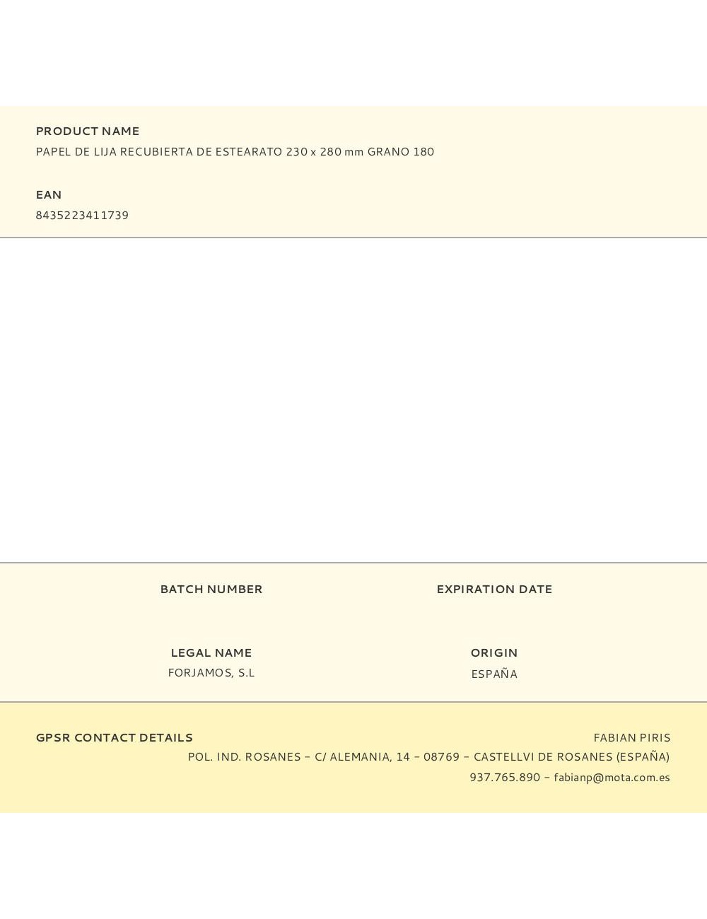 Papel de lija recubierta de estearato 230 x 280 mm grano 180