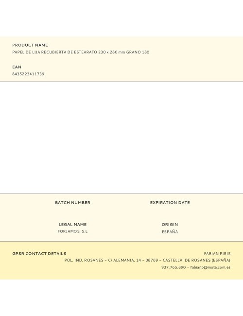 Papel de lija recubierta de estearato 230 x 280 mm grano 180