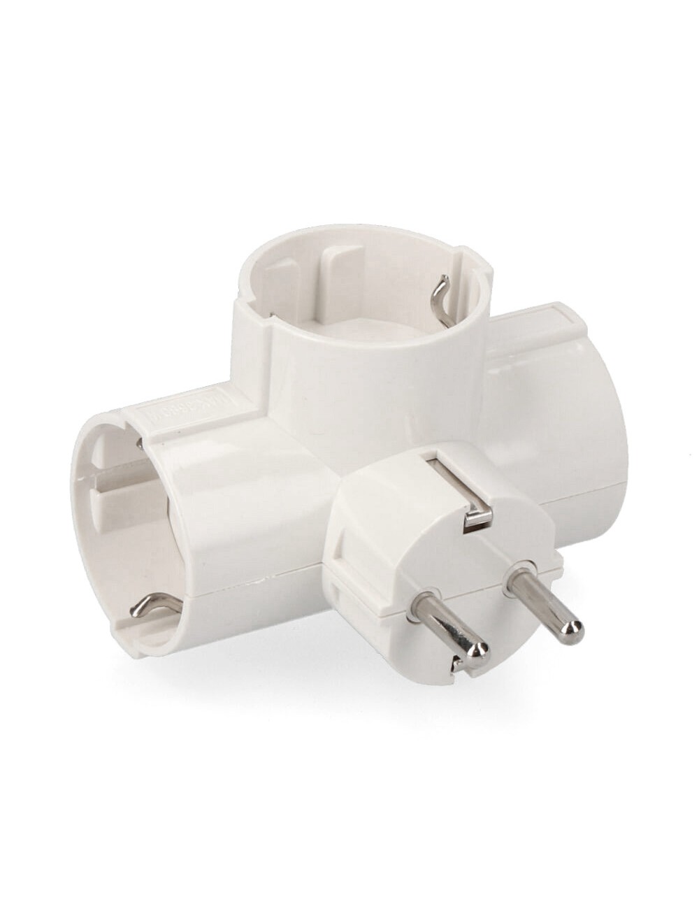 Clavija triple 2p+t, 16a 250v~ entrada lateral, blanco (retractilado)
