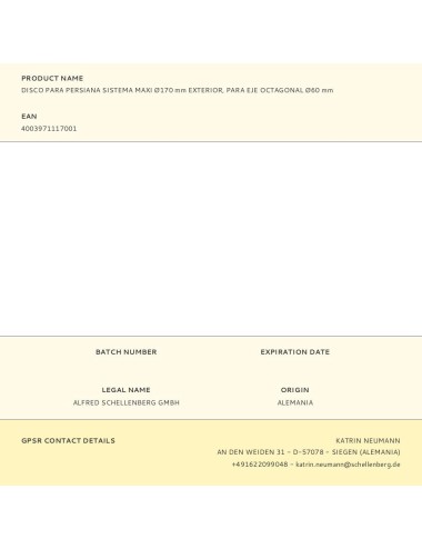 Disco para persiana sistema maxi ø170 mm exterior, para eje octagonal ø60 mm