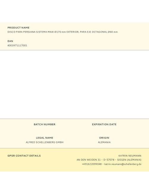 Disco para persiana sistema maxi ø170 mm exterior, para eje octagonal ø60 mm