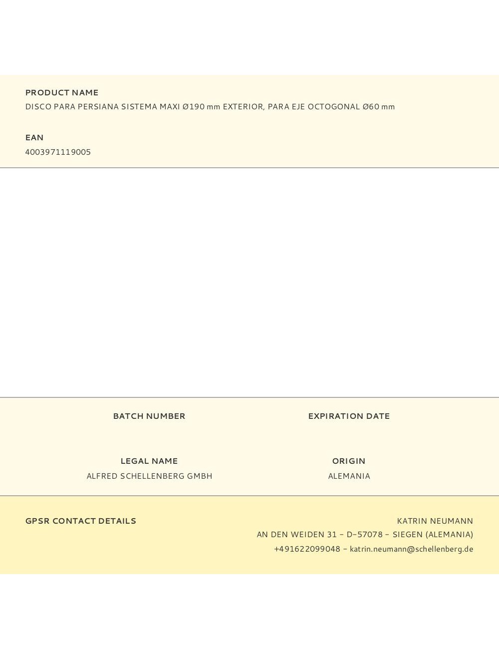 Disco para persiana sistema maxi ø190 mm exterior, para eje octogonal ø60 mm