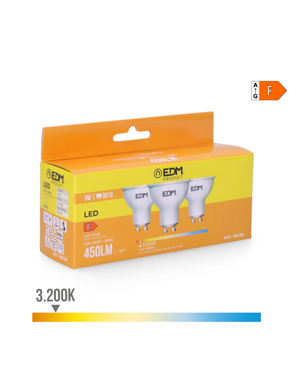 Kit 3 bombillas dicroicas led gu10 5 w 450 lm 3200 k luz calida ø5 x 5,5 cm