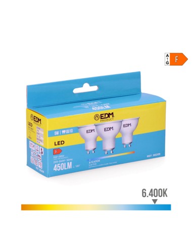 Kit 3 bombillas dicroicas led gu10 5 w 450 lm 6400 k luz fria ø5 x 5,5 cm