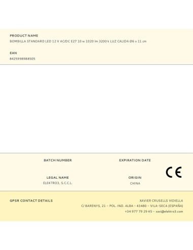 Bombilla standard led 12 v ac/dc e27 10 w 1020 lm 3200 k luz calida ø6 x 11 cm