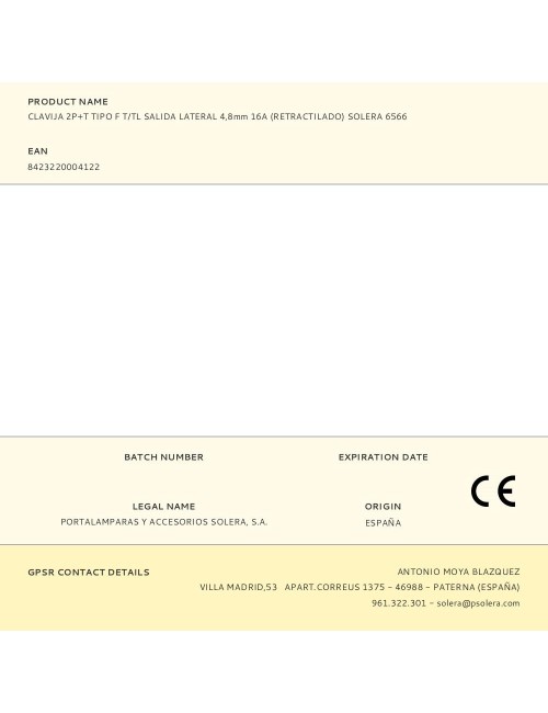 Clavija 2p+t tipo f t/tl salida lateral 4,8mm 16a (retractilado) solera 6566