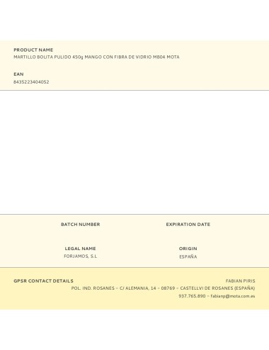 Martillo bolita pulido con mango de fibra de vidrio, 450 g