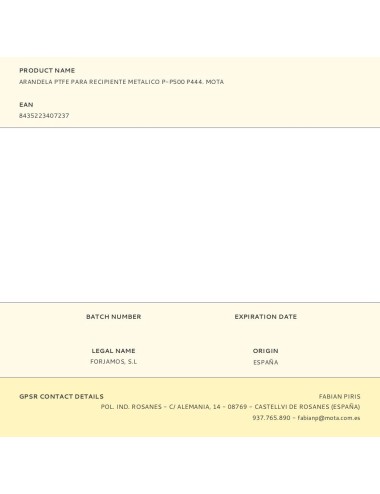 Arandela ptfe para recipiente metalico p-p500 p444. mota