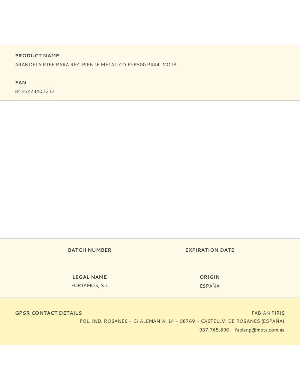 Arandela ptfe para recipiente metalico p-p500 p444. mota