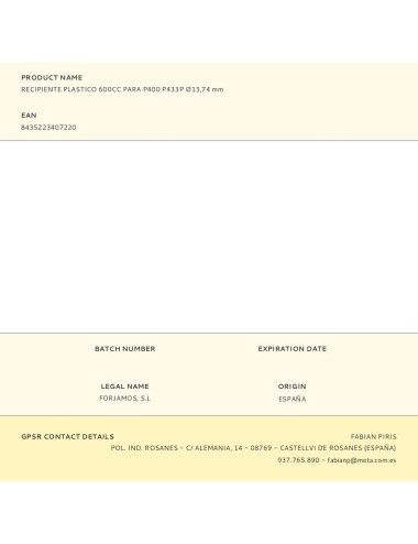 Recipiente plastico 600cc para p400 p433p ø13,74 mm