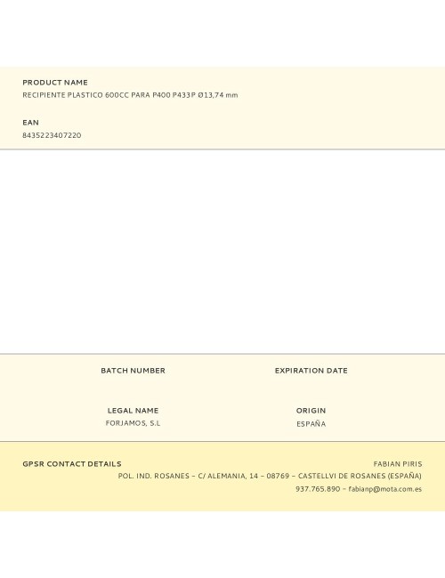 Recipiente plastico 600cc para p400 p433p ø13,74 mm