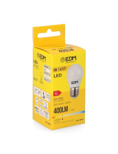 Bombilla esferica led e27 5 w 400 lm 4000 k luz dia ø4,5 x 8 cm