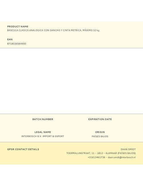 Bascula clasica analogica con gancho y cinta metrica, máximo 32 kg