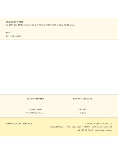 Carretilla metàlica plegable con ruedas max. 150kg 73x47x83cm