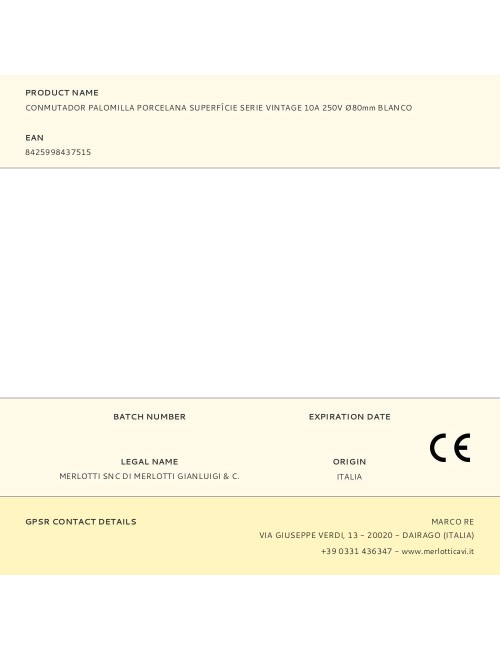 Conmutador palomilla porcelana superfície serie vintage 10a 250v ø80mm blanco