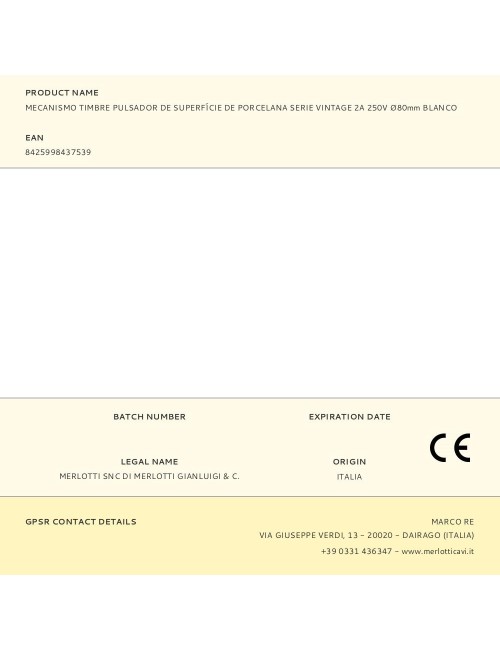 Mecanismo timbre pulsador de superfície de porcelana serie vintage 2a 250v ø80mm blanco