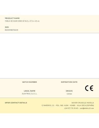 Tabla de asar 2000 w 645 x 300 x 85 mm