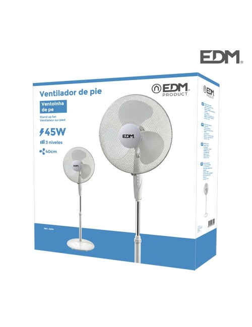 Ventilador de pie base circular, blanco, potencia 45 w 55,6 db aspas ø40 cm, altura regulable 110-130 cm
