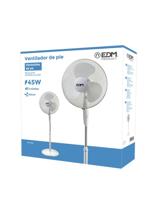 Ventilador de pie base circular, blanco, potencia 45 w 55,6 db aspas ø40 cm, altura regulable 110-130 cm