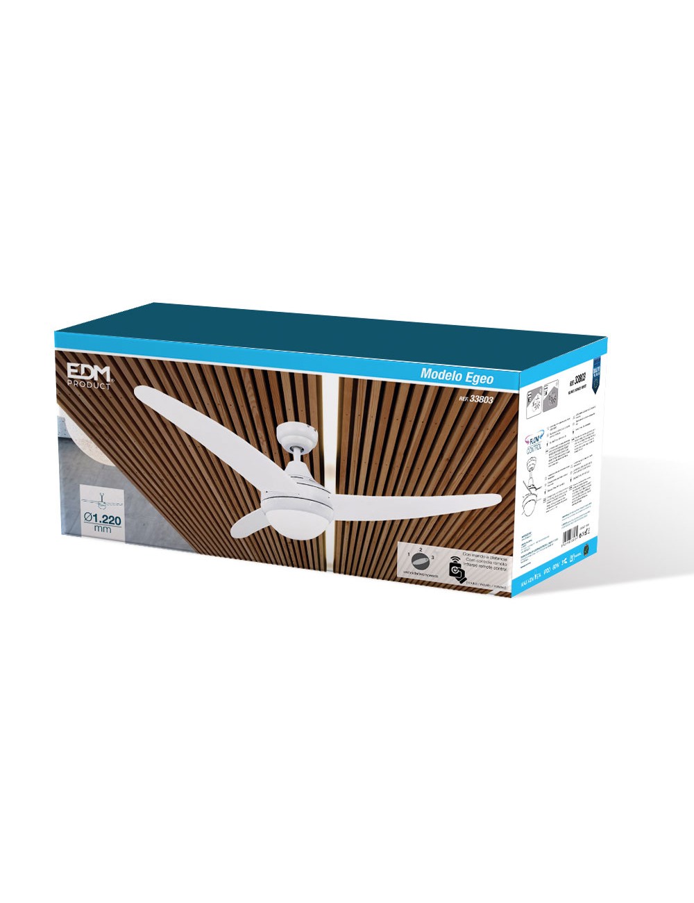 Ventilador de techo modelo egeo. color blanco. potencia: 60w aspas: ø122cm con mando a distancia edm
