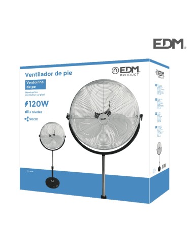 Ventilador de pie industrial base circular, cromado/negro, potencia 120 w 64,9 db aspas ø50 cm, altura regulable 118-148 cm
