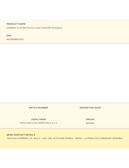 Número 5 latón pulido 10cm fijación invisible