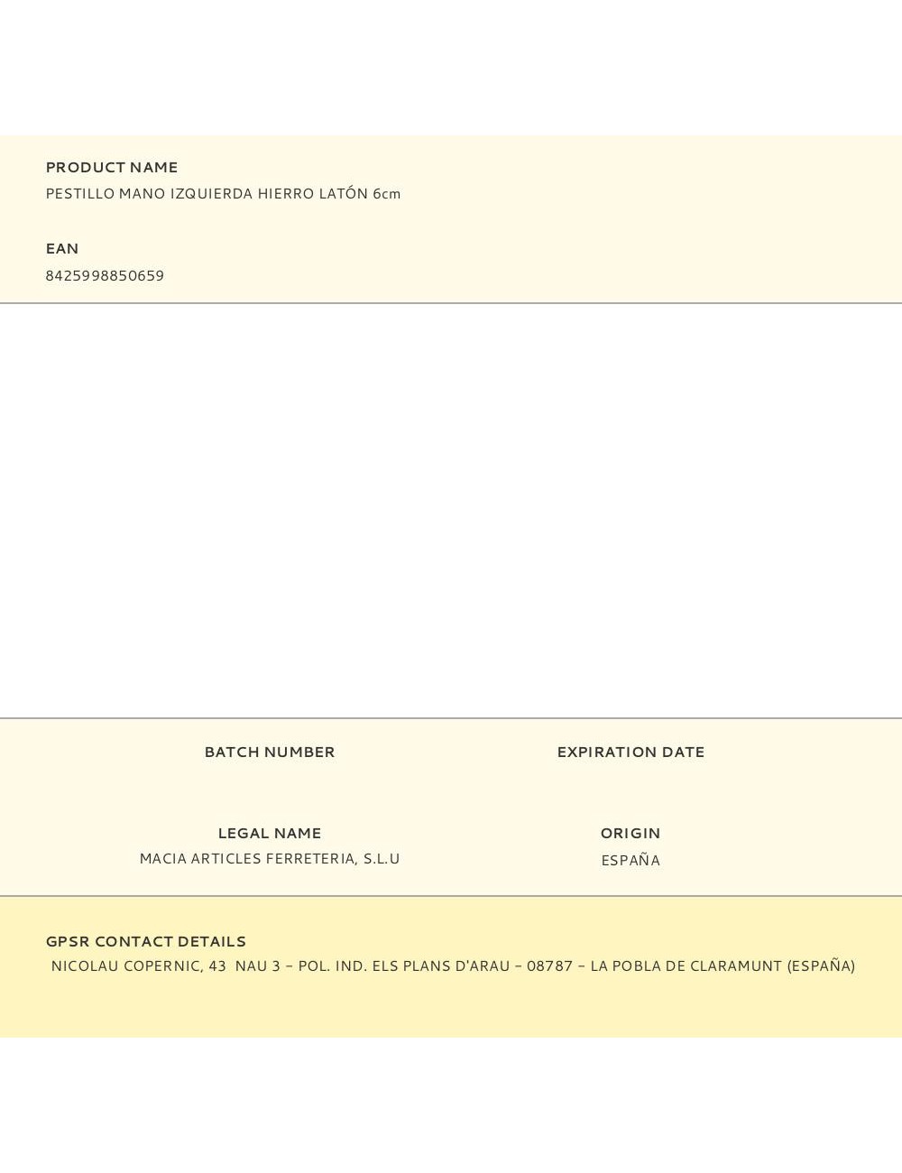 Pestillo mano izquierda hierro latón 6cm