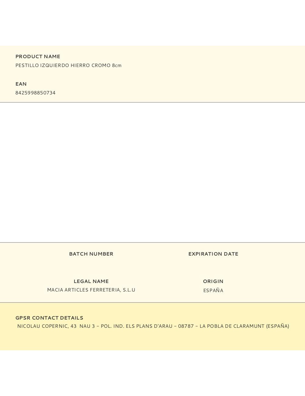 Pestillo izquierdo hierro cromo 8cm