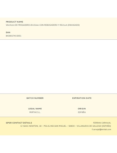 Valvula de fregadero ø115mm con rebosadero y rejilla (envasado)