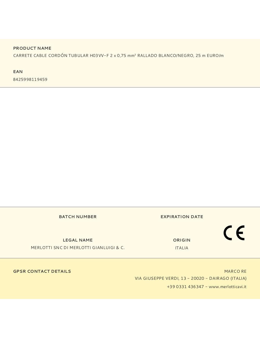 Carrete cable cordón tubular h03vv-f 2 x 0,75 mm rallado blanco/negro, 25 m euro/m