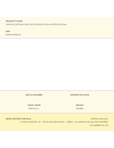 Goma de obturacion lisa exterior ø72mm interior ø23mm