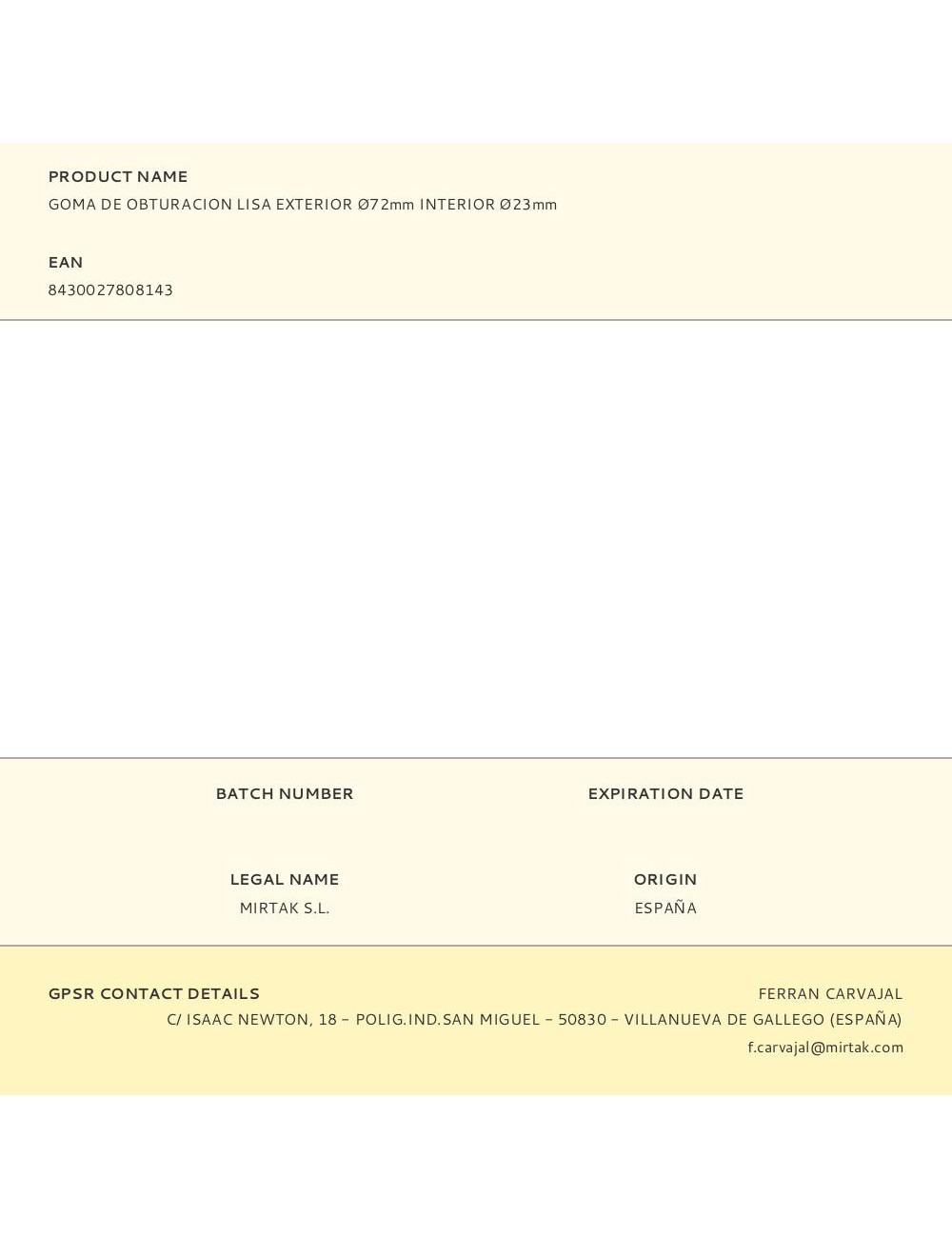 Goma de obturacion lisa exterior ø72mm interior ø23mm
