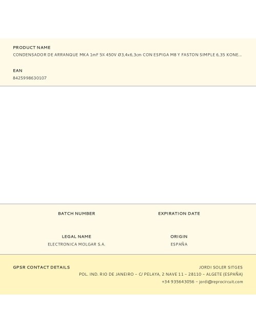 Condensador de arranque mka 1mf 5% 450v ø3,4x6,3cm con espiga m8 y faston simple 6,35 konek