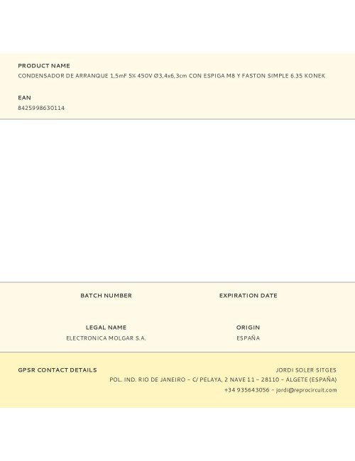Condensador de arranque 1,5mf 5% 450v ø3,4x6,3cm con espiga m8 y faston simple 6.35 konek
