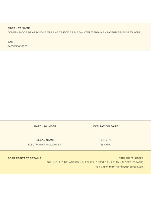 Condensador de arranque mka 2mf 5% 450v ø3,4x6,3cm con espiga m8 y faston simple 6,35 konek