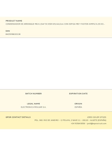 Condensador de arranque mka 2,5mf 5% 450v ø3,4x6,3cm con espiga m8 y faston simple 6,35 konek