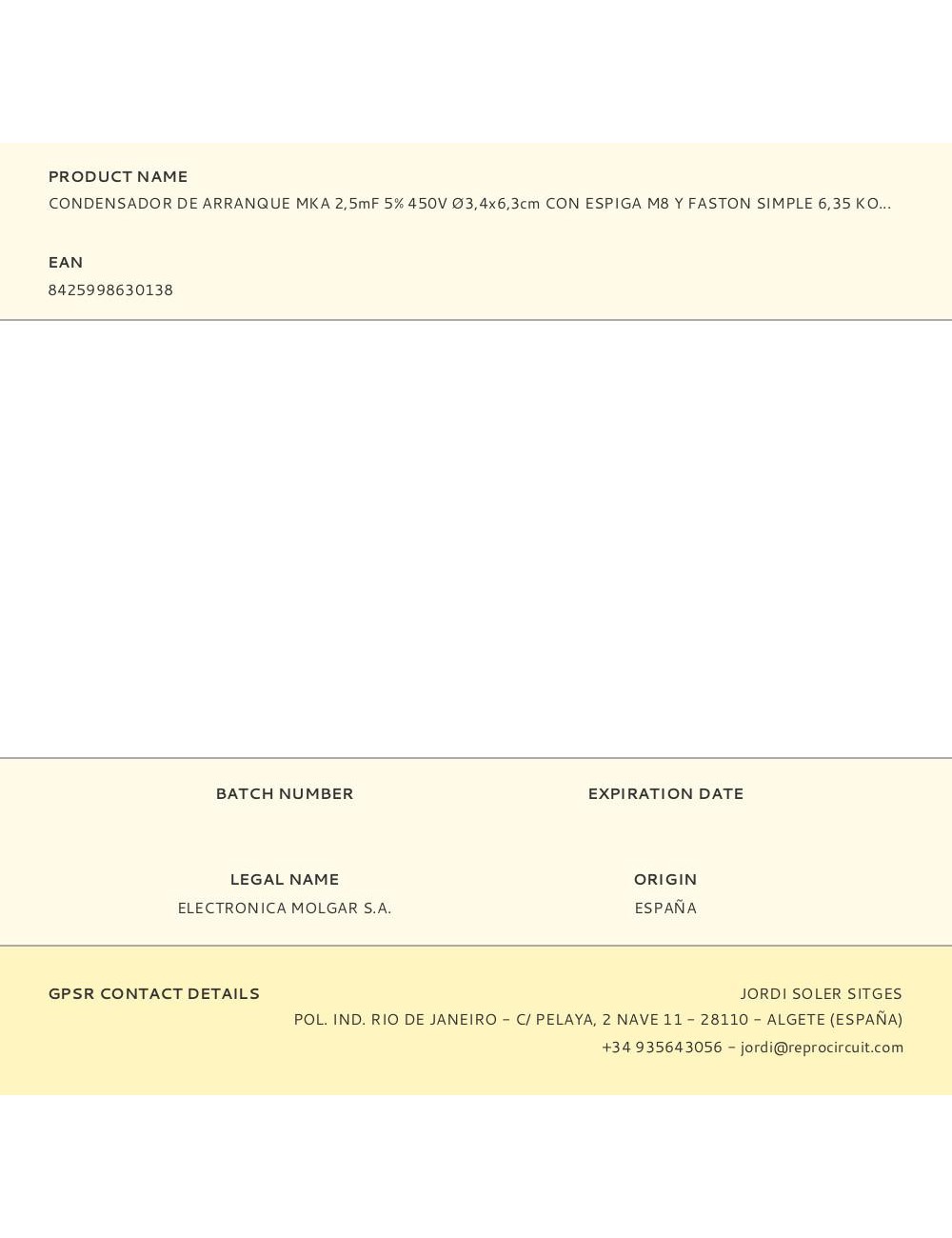 Condensador de arranque mka 2,5mf 5% 450v ø3,4x6,3cm con espiga m8 y faston simple 6,35 konek