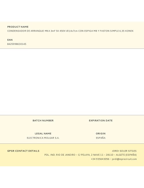 Condensador de arranque mka 3mf 5% 450v ø3,4x7cm con espiga m8 y faston simple 6,35 konek